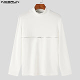 INCERUN Men T Shirts Solid Color Turtleneck Long Sleeve Fitness Streetwear Camisetas 2024 Hollow Out Zipper Casual Men Clothing - Lootquake