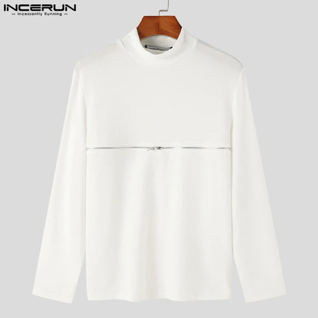 INCERUN Men T Shirts Solid Color Turtleneck Long Sleeve Fitness Streetwear Camisetas 2024 Hollow Out Zipper Casual Men Clothing - Lootquake
