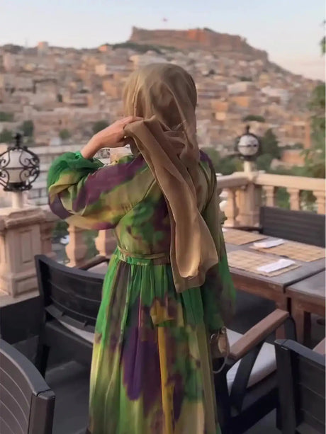 Eid Chiffon Muslim Party Dress for Women Ramadan Print Abaya Long Dress Belt Morocco Vestidos Largos Dubai Robe Jalabiya 2024 - Lootquake
