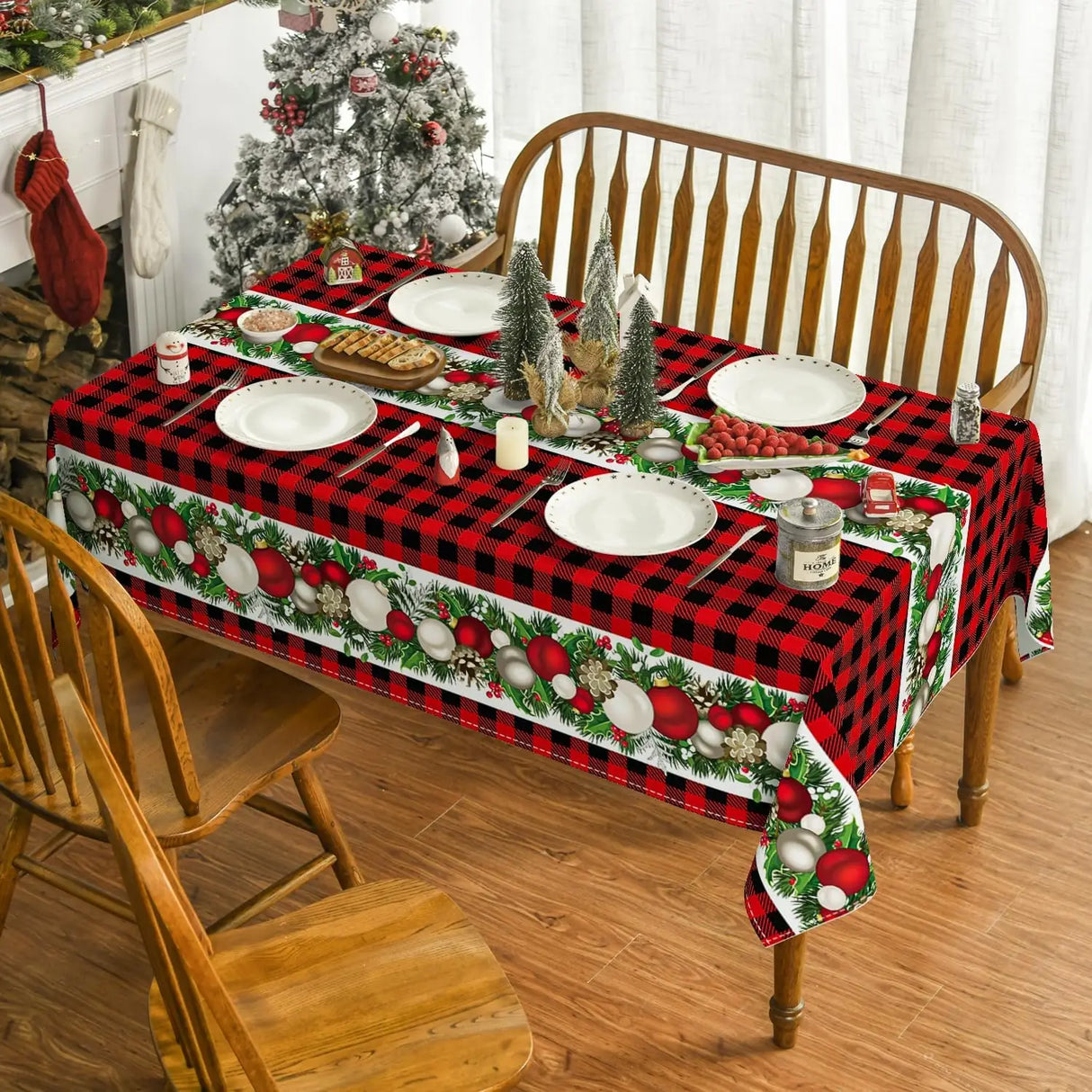 Décorations de boules de Noël, nappe rectangulaire à carreaux de buffle rouge, décoration de salle à manger, nappe réutilisable, décorations de fête de Noël