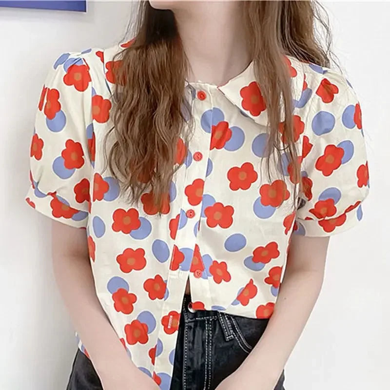Women Summer Korean Casual Printing Chiffon Loose Polo-Neck Short Sleeve Blouse Women Clothes Sweet All-match Floral Top Tee - Lootquake