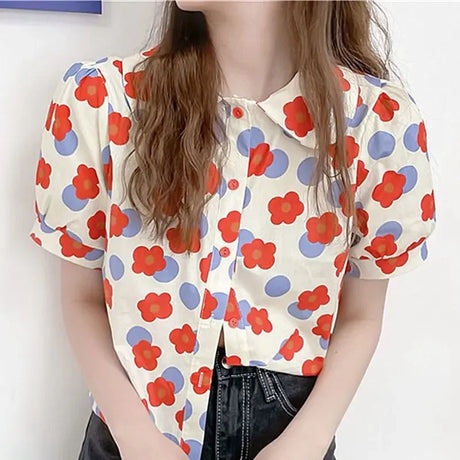 Women Summer Korean Casual Printing Chiffon Loose Polo-Neck Short Sleeve Blouse Women Clothes Sweet All-match Floral Top Tee - Lootquake