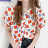 Women Summer Korean Casual Printing Chiffon Loose Polo-Neck Short Sleeve Blouse Women Clothes Sweet All-match Floral Top Tee - Lootquake