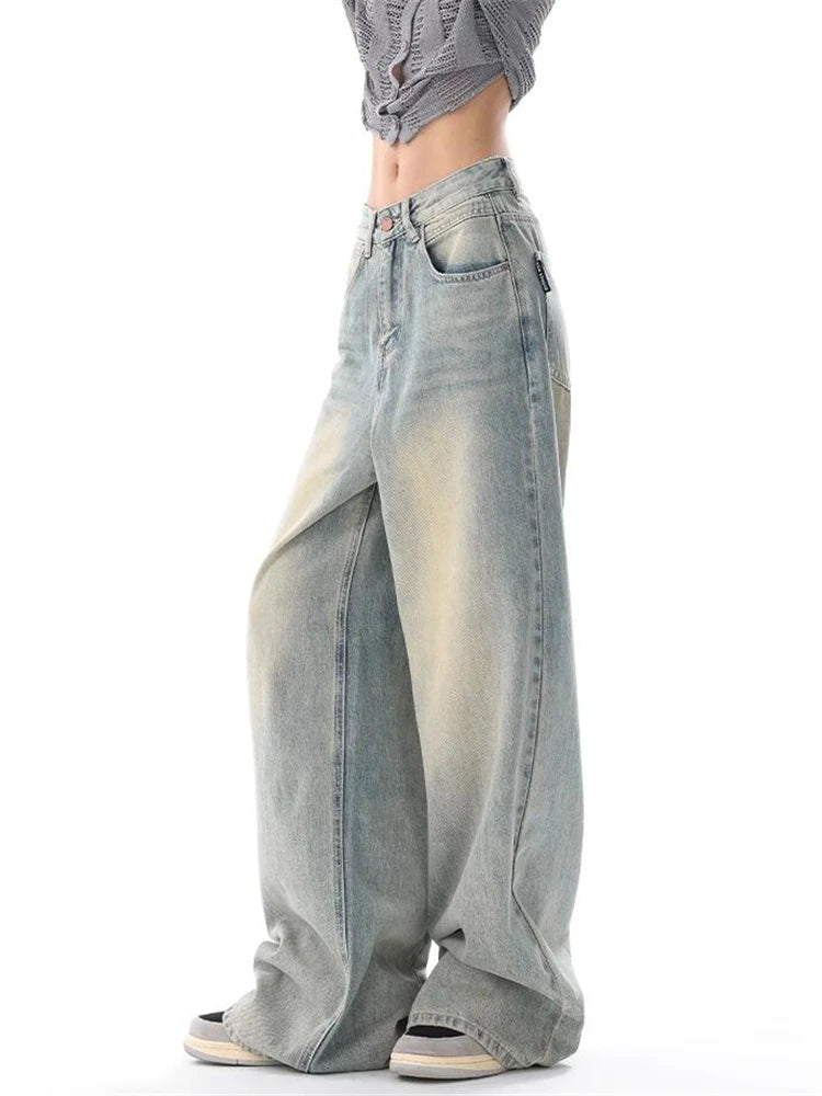 Women's American Vintage Washed Thin Jeans Street Casual Neutral Style Blue Denim Trousers Female High Waist Straight Pants - Lootquake