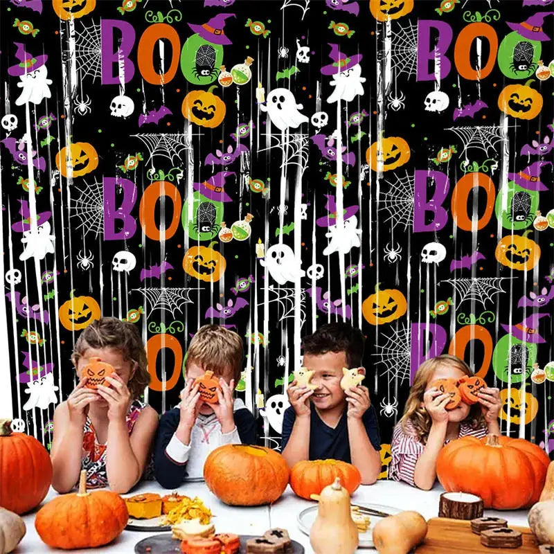 Halloween Pumpkin Ghost Bat Curtain 2M Haunted House Decoration Party Decor Background Eye-Catching For Party Backdrop Photo