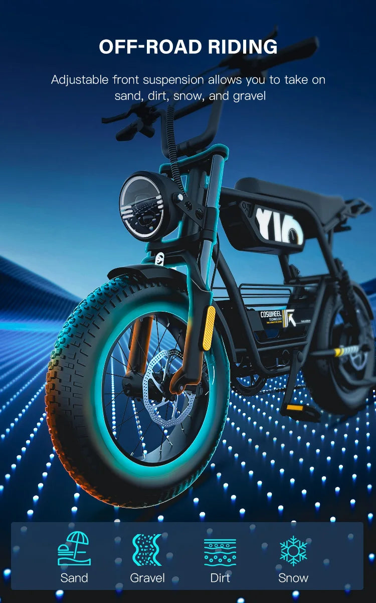 Bicicleta eléctrica para adultos Coswheel Y16, 1000 W, batería de 48 V y 15 Ah, bicicleta de montaña eléctrica de 16 pulgadas con neumáticos anchos.