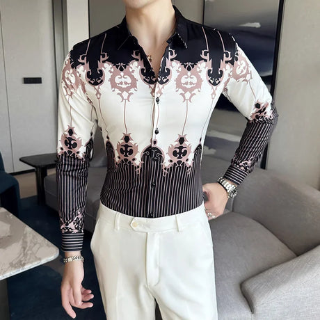 Vintage Long Sleeve Shirt Men Fashion Trendy Noble Printed Slim Mens Clothing Streetwear Autumn Mens Floral Shirts Plus Size 6XL - Lootquake