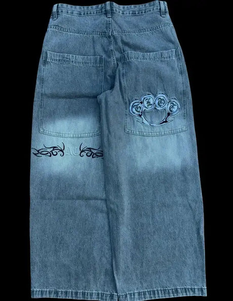 Y2K Pocket Fashion Embroidery Street Harajuku Gothic Retro High Waisted Loose Casual Jeans American Hip-hop Wide Leg Pants - Lootquake