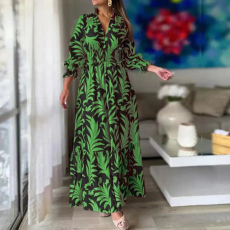 Europe And America Cross Border Autumn/Winter New Long Dress with Waist Pullover And Bohemian Print Long Sleeve Large Swing - Lootquake