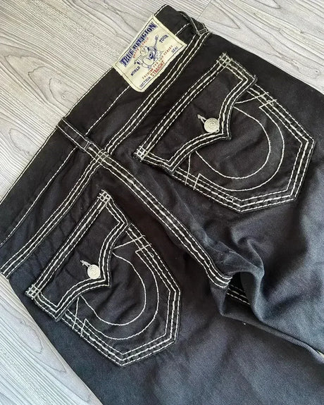 American Retro Jeans Y2K Men Women Harajuku Hip Hop Gothic Retro Pocket Embroidered Blue Baggy Jeans Low Waist Wide Leg Trousers - Lootquake