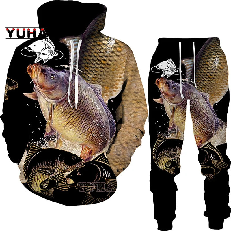 New 3D Fishing Art Print Casual Couple Hoodies Outfits Hip Hop Streetwear Hooded Sweatshirt+Sweat Pants Men's Tracksuit Set - Lootquake
