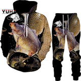 New 3D Fishing Art Print Casual Couple Hoodies Outfits Hip Hop Streetwear Hooded Sweatshirt+Sweat Pants Men's Tracksuit Set - Lootquake