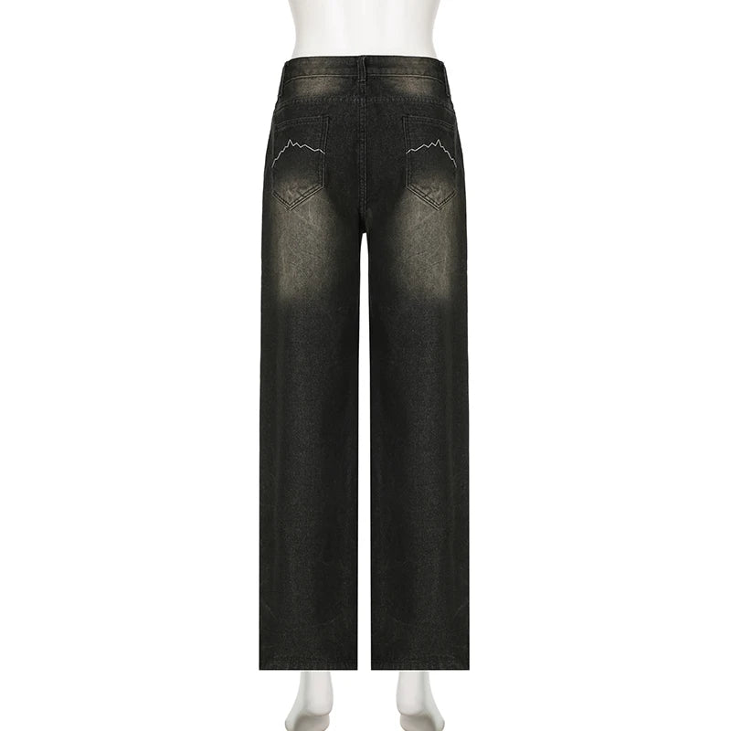 SUCHCUTE Low Waist Jeans for Women Goth Y2k Style Baggy Jeans Punk New Jeans Wide Leg Denim Pants Kpop Casual Loose Streetwear - Lootquake