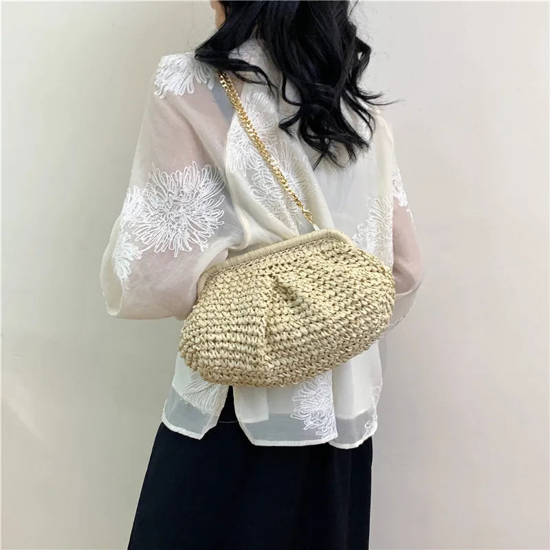 Bohemian Straw Dumpling Clutch Bag | Woven Straw Tote Purse for Women (Summer Beach Bag, Wicker Clutch)