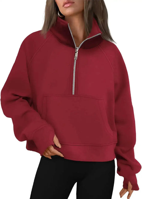 Womens Sweatshirts Half Zip Cropped Pullover Fleece Quarter Zipper Hoodies Fall outfits Clothes Thumb Hole - Lootquake