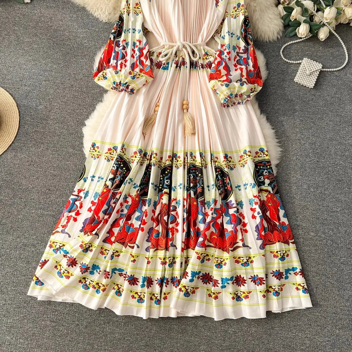 Spring Holiday Print Long Dress For Women Fashion Loose Lantern Sleeve Party Robe Female Big Swing Tassels Belt Pleated Clothes - Lootquake