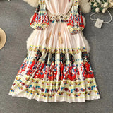 Spring Holiday Print Long Dress For Women Fashion Loose Lantern Sleeve Party Robe Female Big Swing Tassels Belt Pleated Clothes - Lootquake