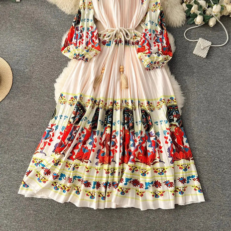 Spring Holiday Print Long Dress For Women Fashion Loose Lantern Sleeve Party Robe Female Big Swing Tassels Belt Pleated Clothes - Lootquake