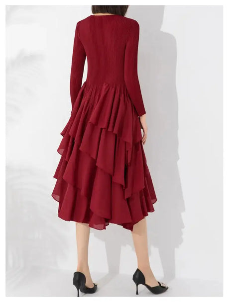 LANMREM Elegant Pleated Long Dress For Women Round Neck Long Sleeves Ruffles A-line Dresses Fashion 2025 Spring New 32C2026 - Lootquake