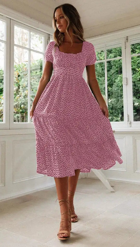 Summer Women Beach Sweet Dresses Vintage Vintage Print Puff Sleeve Casual Square Collar Floral Maxi Long Dress Festa Vestidos - Lootquake