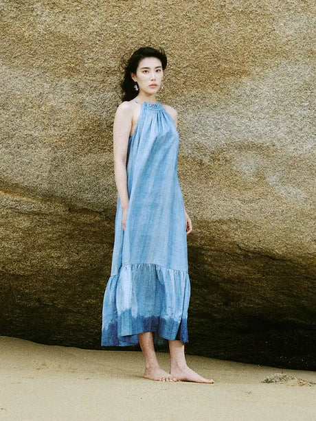 DUSHU Sleeveless Women Long Dress Holiday Style 2024 Summer Strappy Mid-Calf Dress Sashes Decoration Female Dresses 24DS82821 - Lootquake