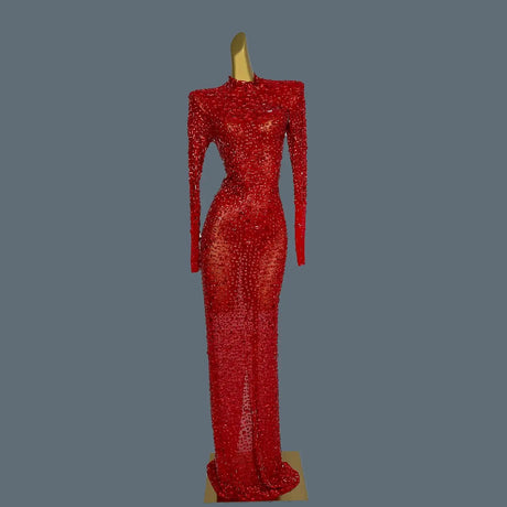 Stunning Evening Gown Long Dress Birthday Celebrate Luxurious Costume Sparkly Big Rhinestone Dancer Flashing Party Dress Gesebei - Lootquake