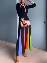 Elegant Spring 2024 Lapel Patchwork Slim-Fit Dress New Autumn Women British Style Print Maxi Dress Lady Party Evening Long Dress - Lootquake