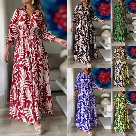 Europe And America Cross Border Autumn/Winter New Long Dress with Waist Pullover And Bohemian Print Long Sleeve Large Swing - Lootquake