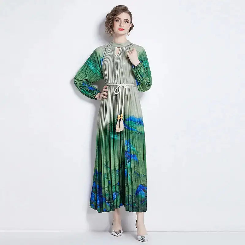 Spring Holiday Print Long Dress For Women Fashion Loose Lantern Sleeve Party Robe Female Big Swing Tassels Belt Pleated Clothes