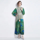Spring Holiday Print Long Dress For Women Fashion Loose Lantern Sleeve Party Robe Female Big Swing Tassels Belt Pleated Clothes