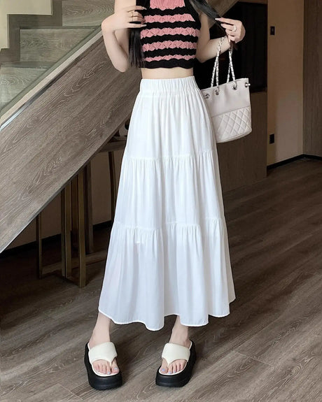 Spring 2024 New Women's Petite Black Umbrella Skirt High-waisted A- line White Dress Long Dress Drape Sense - Lootquake