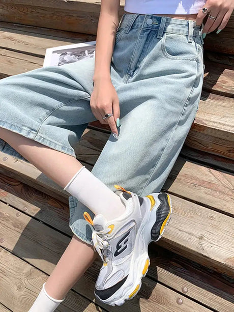 Female Summer American Vintage Baggy Denim Cropped Pants Woman High Waist Washed Wide Leg Jeans Light Blue Loose A Line Shorts - Lootquake
