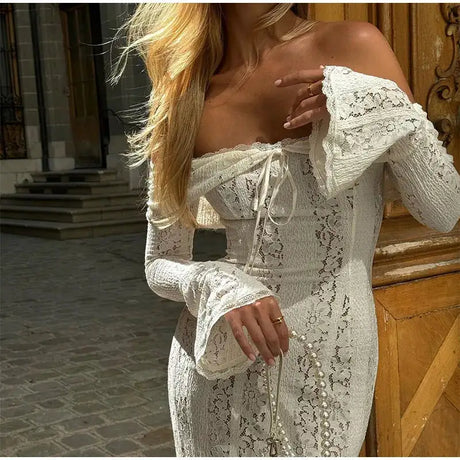 Lace Hollow Out One-shoulder Slim Long Dress For Women Solid Lace Up Waistless Dresses 2024 Chic Sexy Female Party Date Robes - Lootquake