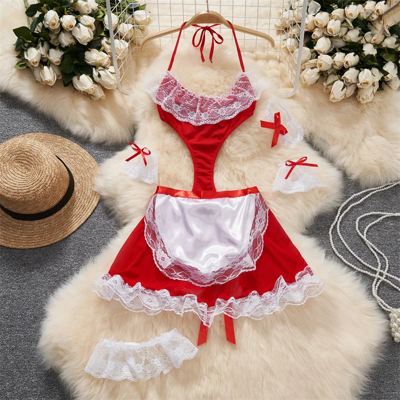 Red Christmas Sexy Lingerie Shawl Set Halter Jumpsuit Lace-up Cosplay Costume New In Women Clothes Skinny Bodysuit Suit Hotsweet - Lootquake