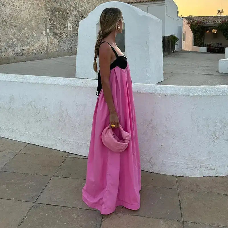 Sexy Backless Beach Dress Women 2024 Holiday Sleeveless Loose Slip  Long Dress Street Fashion Panelled Bandage Summer Lady Robe - Lootquake