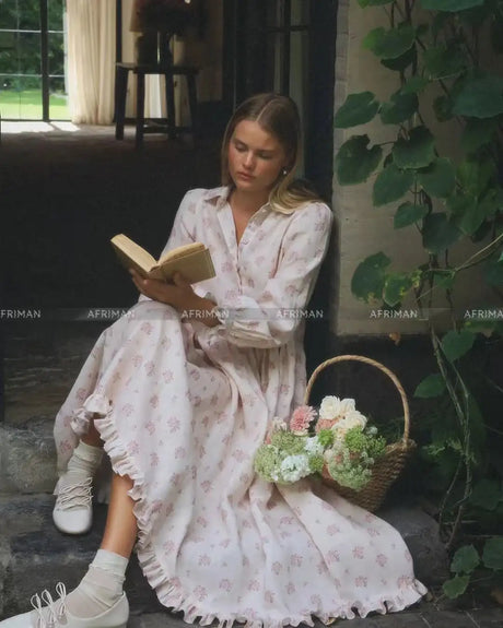 2025 New 100% Linen Flower Print Long Sleeve Tie Up Waist Loose Long Dress - Lootquake