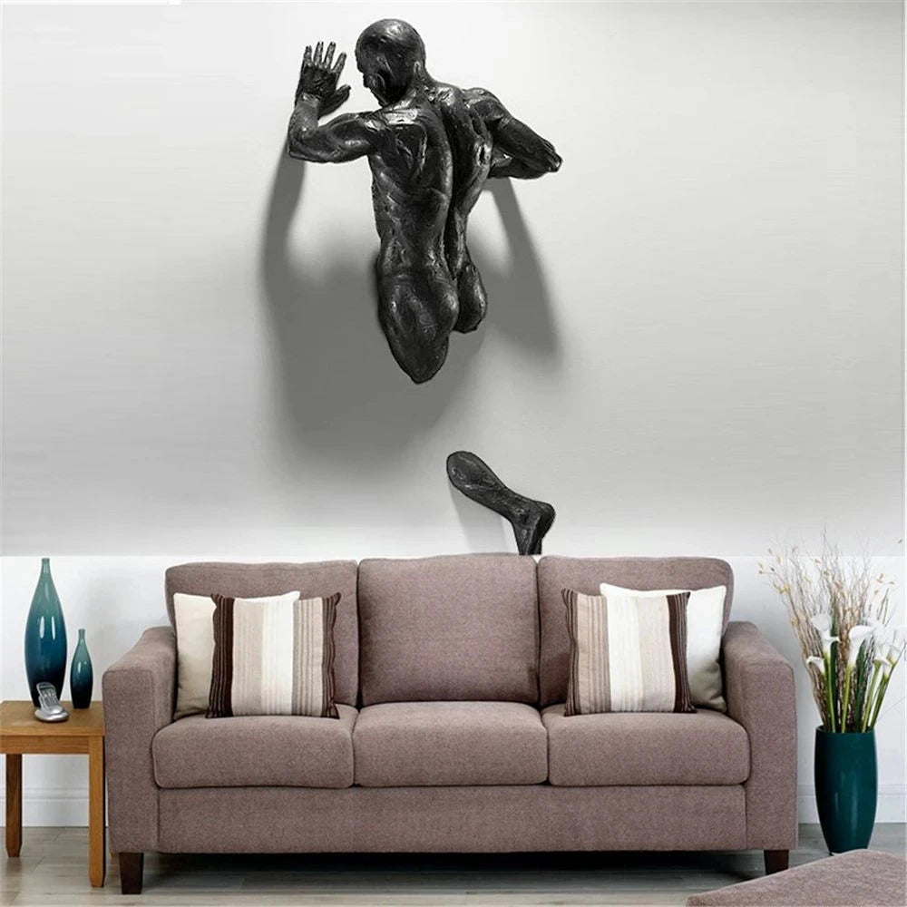 Nueva decoración de pared de imitación de cobre, personaje abstracto, resina, hombre escalador, estatua, escultura, fondo, arte de pared 3D a través de la pared