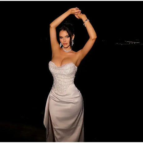 Satin Shiny Sequins Party Long Dress Women Sexy Strapless Sleeveless Backless High Split Dresses 2025 INS Lady Evening Gown - Lootquake