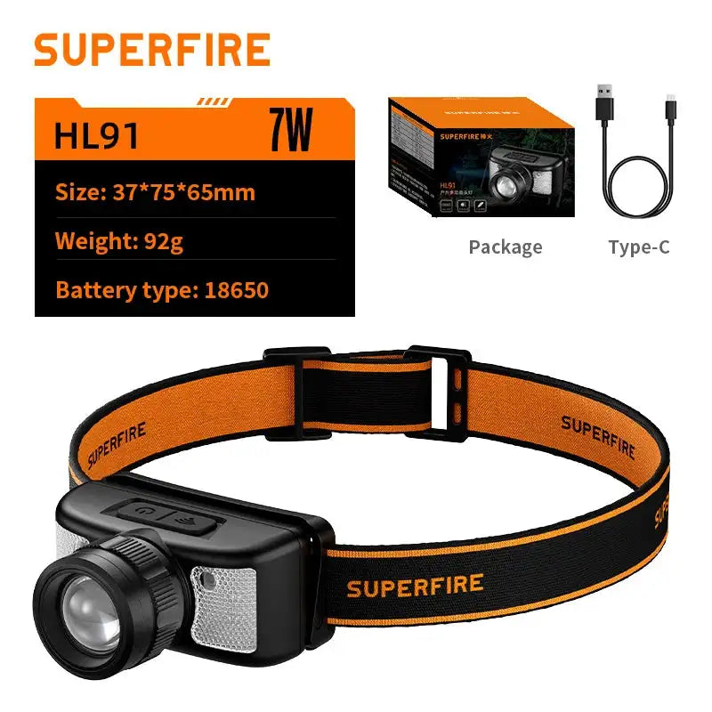 SUPERFIRE HL91 Powerful COB LED Headlamp Induction Zoom USB-C Rechargeable Head flashlight Work Lamp fishing camping Headlight - Lootquake
