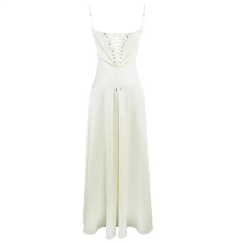 Women's Solid Sexy Satin Lace Up Backless Long Dress Elegant High Waist Square Neck Slim Sling Dresses 2025 Female Beach Robes - Lootquake
