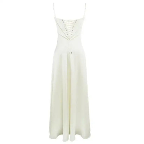 Women's Solid Sexy Satin Lace Up Backless Long Dress Elegant High Waist Square Neck Slim Sling Dresses 2025 Female Beach Robes - Lootquake