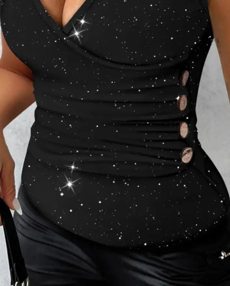 Y2K Women's Tank Tops 2024 Fashion Glitter Buckled V-Neck Sleeveless Top Criss Cross Button Decor Ruched Casual Skinny Tee Tops - Lootquake