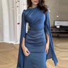 Fashion Satin Solid Robe Dress Ladies Temperament O-neck Slim Evening Dress Elegant Batwing Sleeves High Waist Pleats Long Dress - Lootquake