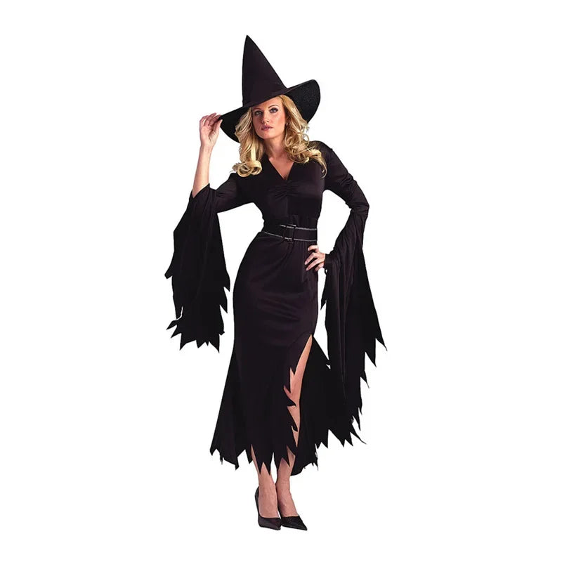 Halloween Gothic Black Witch Costume for Adult Women Purim  Cos Party Wizards Fancy Dress