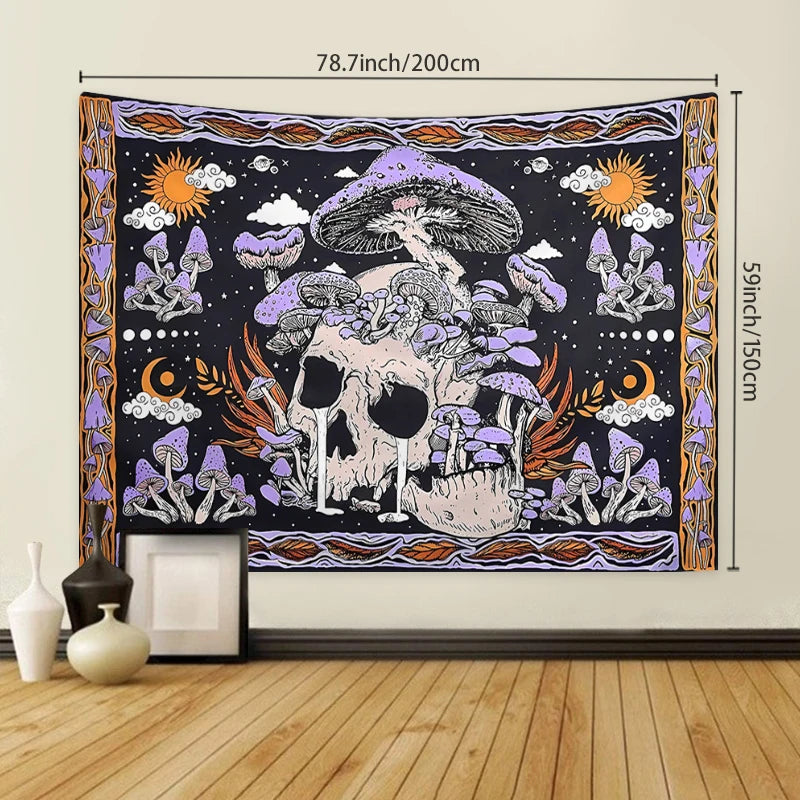 1pc Skeleton mushroom pattern tapestry, moon sun mandala tapestry, room decoration wall hanging