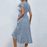 Women's Flowy Split Midi Floral Wrap Dress Summer Irregular High Waist Boho Long Dress A-Line V-Neck Holiday Beach Sundress - Lootquake