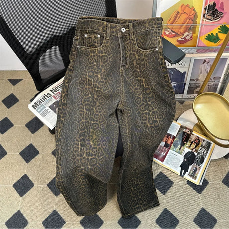 Retro Spring Trendy Leopard Print Jeans Women's American High Street Trousers Y2K Harajuku Style Baggy High Waist Casual Pants - Lootquake