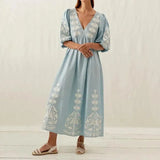Elegant Print Half Puff Sleeve Dresses Women Loose V-neck Lace Up Backless Long Dress 2024 Summer New Ladies Chic Beach Robes - Lootquake