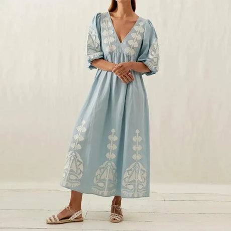 Elegant Print Half Puff Sleeve Dresses Women Loose V-neck Lace Up Backless Long Dress 2024 Summer New Ladies Chic Beach Robes - Lootquake