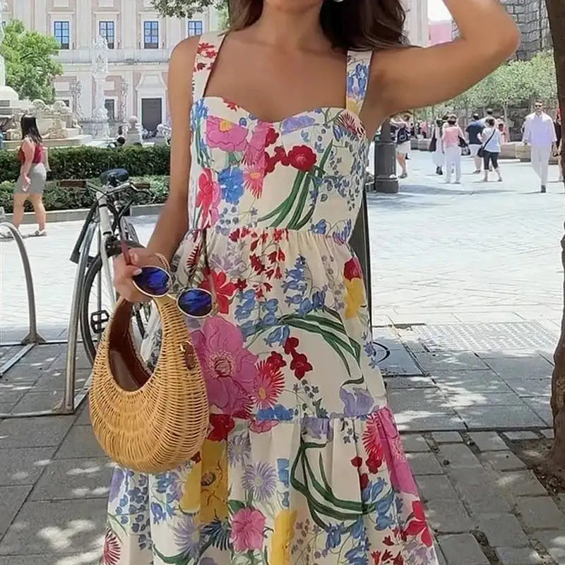 Ellafads Long Dress Women Summer Sweet Elegant Suspender Sleeveless Multicolor Printed Nipped Waist Evening Party Long Dresses - Lootquake